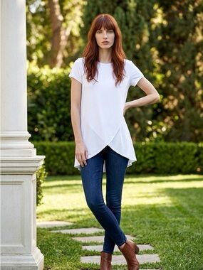 BCBG White Short Sleeve Crew Neck Surplus Wrap Front Draped Back Tunic